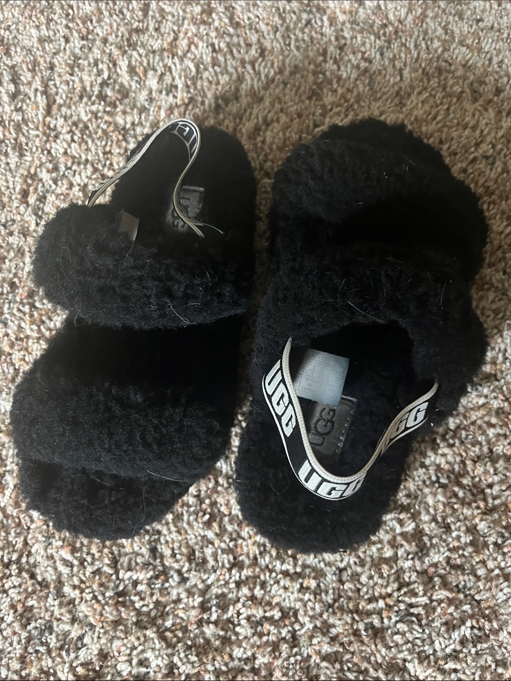 UGG Kids Black Fluff Slide Sandals with Branded Heel Strap